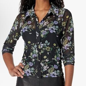 AFRM Sheer Floral Lilet Power Mesh Button Front Long Sleeve Blouse Medium